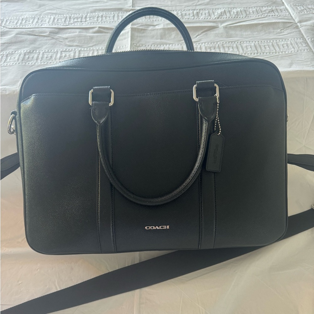 Coach Black Leather Briefcase Tote with Silver Hardware